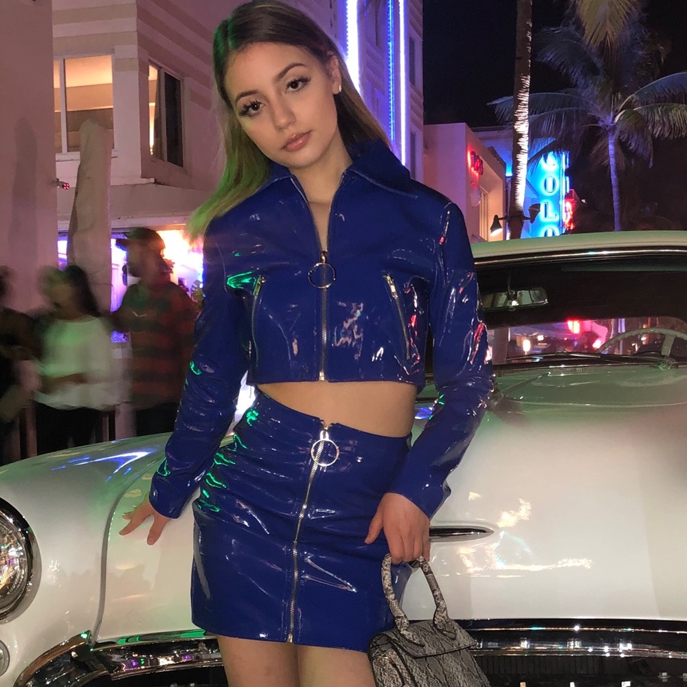 Bright blue latex 2 piece.